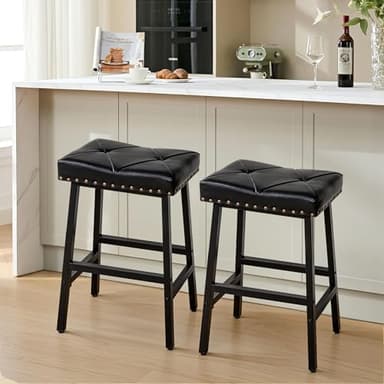 VECELO 25 inch Counter Height Stools for Kitchen Island, 3.3'' Thick PU Upholstered Saddle Seats, Backless Bar Chairs with Metal Base, Black - Image 8