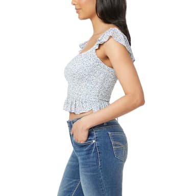 WallFlower Women's Brandy Ruffle Strap Smocked Rayon Challis Top, Bright White Ditsy Floral - Image 3