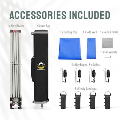 CROWN SHADES 12x12 Pop Up Canopy Tent Instant Commercial with 150D Silver Coated Fabric Including 1 Removable Sidewall, 4 Ropes, 8 Stakes, Weight Bags, STO 'N Go Bag, Blue - Image 8