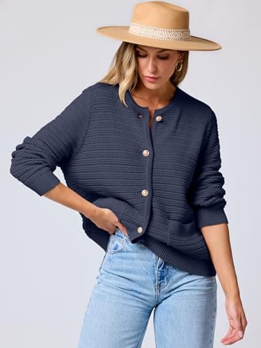ANRABESS Womens Cardigan Sweater Long Sleeve Button Down Lady Tweed Knit Jackets 2025 Fall Outfits Navy Blue Medium - Image 5