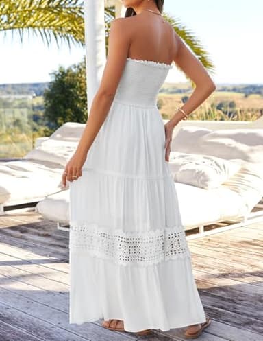 ZESICA Women's 2025 Summer Bohemian Strapless Off Shoulder Lace Trim Backless Flowy A Line Beach Long Maxi Dress,White,Small - Image 3