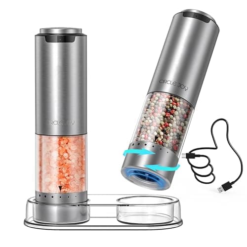 CIRCLE JOY Rechargeable Electric Salt and Pepper Grinder Set with Base, Stainless Steel Pepper Mills with 95ml Container, White LED Light and External Adjustable Coarseness, Silver - Image 1