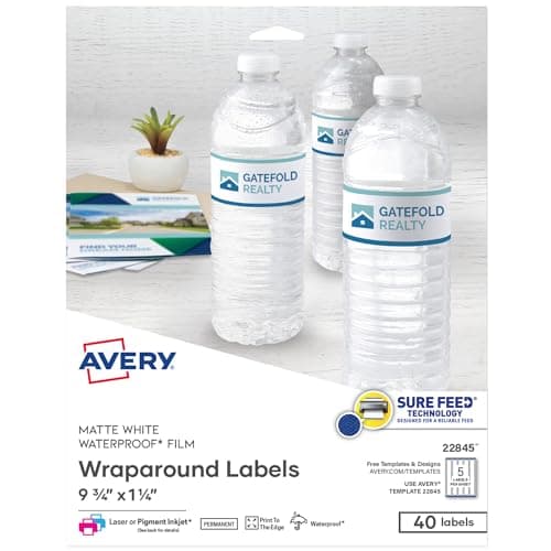 Avery Durable Waterproof Wraparound Rectangle Labels with Sure Feed Technology, 1-1/4" x 9-3/4", Matte White, 40 Customizable Labels for Laser and Pigment-Inkjet Printers (22845) - Image 1