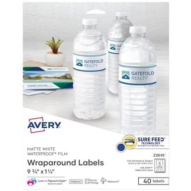 Avery Durable Waterproof Wraparound Rectangle Labels with Sure Feed Technology, 1-1/4" x 9-3/4", Matte White, 40 Customizable Labels for Laser and Pigment-Inkjet Printers (22845) - Image 1