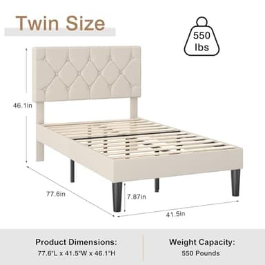 VECELO Twin Size Bed Frame with Button Tufted Headboard, Upholstered Platform Bedframe with Wood Slat Support, No Box Spring Needed, Beige - Image 2