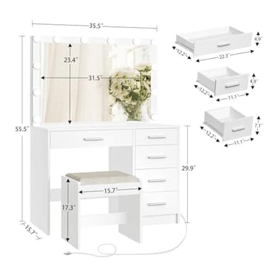 usikey Vanity Desk with Mirror and Lights, Vanity with Charging Station, Makeup Vanity with Large Mirror & 5 Drawers, Dressing Vanity Table with Stool for Bedroom, White - Image 8