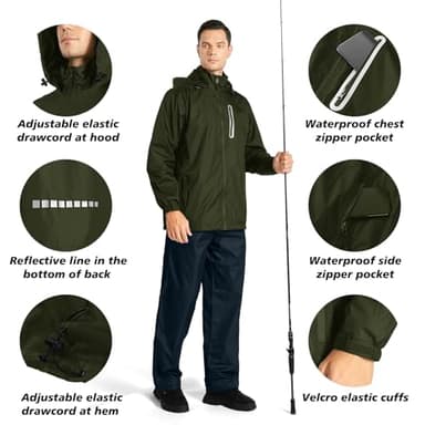 SWISSWELL Men's Waterproof Golf Rain Suit Rain Gear Jacket and Pant Outdoor Lightweight Hooded Raincoat Army Green Jacket Navy Pants L - Image 4