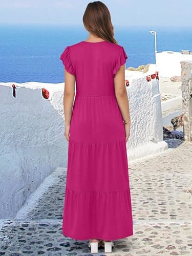 ANRABESS Womens Summer Casual Maxi Dress V Neck Ruffle Sleeve Long Dresses Fashion Flowy Tiered Boho Beach Vacation Sundress Hot Pink X-Large - Image 5