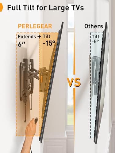 Perlegear Advanced Tilt TV Wall Mount, Pre-Assembled Tv Mount for Most 42-90 inch TVs up to 150 lbs, 6-inch Arm Extension, 15° Full Tilt, Fits 24″/16″ Wood Studs, Max VESA 600x400mm - Image 5
