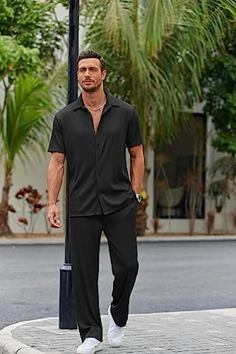 COOFANDY Men's 2 Piece Outfit Casual Short Sleeve Button Down Shirt Beach Summer Loose Pant Sets - Image 4