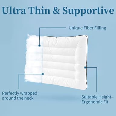 HOMBYS Ultra Thin Flat Bed Pillow for Stomach and Back Sleepers,Standard Size Down Alternative Cervical Pillow for Neck Pain, 100% Cotton Shell, White,2.5 inch - Image 3