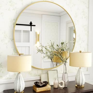 VooBang Gold Round Bathroom Mirror, 30 inch Circle Wall Mounted Hanging Mirror with Simple Modern Circular Metal Frame for Hallway, Entryway, Living Room, Gold Frame - Image 5