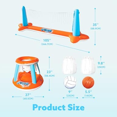 JOYIN Inflatable Pool Float Set Volleyball Net & Basketball Hoops, Floating Swimming Game Toy for Kids and Adults, Summer Floaties, Volleyball Court (105”x28”x38”)|Basketball (27.6”x23”),L-Orange - Image 6
