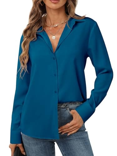 Teal Tops for Women Women's Blouses & Button-Down Shirts Long Sleeves Vneck Work Formal Office Professional Shirt Collar Wrinkle Free Chiffon Blouse Interview Outfit Trendy Clothing Dark Teal Size L - Image 3