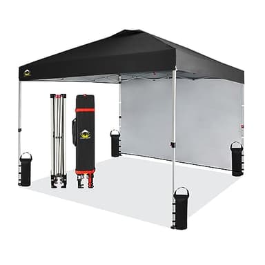CROWN SHADES 10x10 Pop Up Canopy with 1 Side Wall - Beach Tent with One Push Setup - Outdoor Sun Shade for Events, Parties, Camping - Gazebo with STO-N-Go Cover Bag (Black) - Image 1