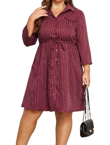Theenkoln Womens Plus Size Button Dress Collared V Neck 3/4 Sleeve Casual Striped Print Drawstring Midi Fall Dresses with Pocket Burgundy - Image 1