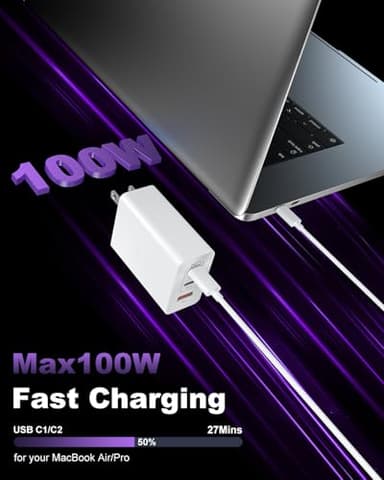 USB C Charger Block 100W, 3-Port GaN Super Fast Charger, Type C Wall Charger Adapter with 10ft USB C Charging Cable for MacBook Pro/Air,iPad Pro, iPhone 16/15Pro, S25/S24/S23 and More[2 Pack] - Image 3