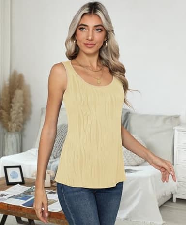 YuYukan Women's Summer Sleeveless Top Slim Fit Textured Stretch Scoop Neck Tank Tops Blouses for Casual Business Workr Light Khaki XX-Large - Image 2