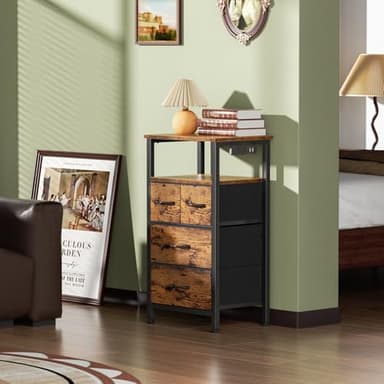Furnulem Dresser for Bedroom, Tall Nightstand, Bedside Table with Charging Station, LED Light, Fabric Bins, Night Stand with Wood Shelf, Small Furniture for Entryway, 33 Inch (4 Drawer, Rustic Brown) - Image 5