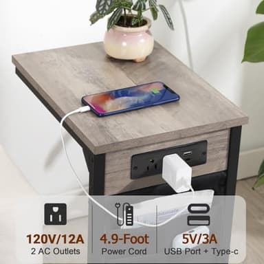 AMHANCIBLE C Shaped End Table with Charging Station, TV Tray Set of 2, Couch Tables with Storage Bag, Slide Under Sofa Side Table with USB Ports and Outlets for Living Room, Grey HET04CGY - Image 4