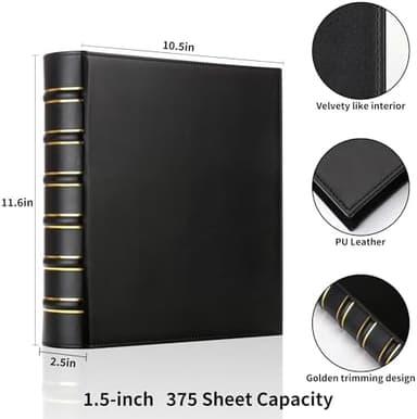 Vintage Hardback 3 Ring Binder 1.5 Inch, Professional Leather Binder 3 Ring, Three Ring Binders Fits 8.5 x 11, D Ring Binders for Photo Album, Home, School and Office Supplies- Black - Image 2