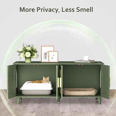 Homhedy Boho Cat Litter Box Enclosure for 2 Cats, Wooden Cat Washroom Furniture with Double Rattan Decorated Doors, Pet House,47.2”L x 19.7”W x 21.7”H, Green - Image 2