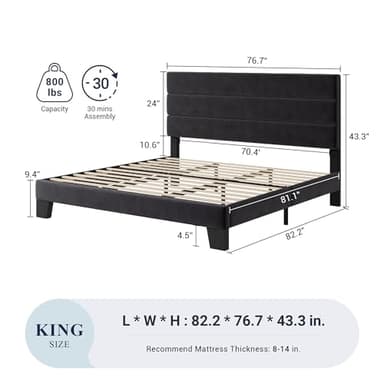 Allewie King Size Platform Bed Frame with Velvet Upholstered Headboard and Wooden Slats Support, Fully Upholstered Mattress Foundation/No Box Spring Needed/Easy Assembly, Black - Image 2