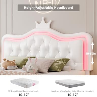 Keyluv Full Upholstered LED Bed Frame with Storage Drawer, Leather Princess Platform Bed with Adjustable Crystal Button Tufted Crown Headboard, Solid Wooden Slats Support, No Box Spring Needed, White - Image 6