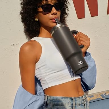 40 oz Tumbler with Handle and Straw: Stainless Steel Insulated Tumbler Keeps Cold for 24 Hours, Leakproof Travel Cup Fits in Cup Holder and BPA-Free, Black Night - Image 7