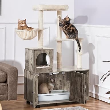 Yaheetech Litter Box Enclosure with Cat Tree, All-in-one Indoor Kitten House w/Scratching Posts, Wooden Cat Litter Box Furniture w/Kitty Condo, Platform, Greige/Beige - Image 2