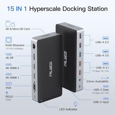 USB C Laptop Docking Station, 15 in 1 Dock with 4K Triple Display Multiport Adapter and 3 Monitors Compatible for Dell/Surface/HP/Lenovo (Dual HDMI, DP, VGA, USB Ports, RJ45, SD/TF, Mic/Audio, PD) - Image 2