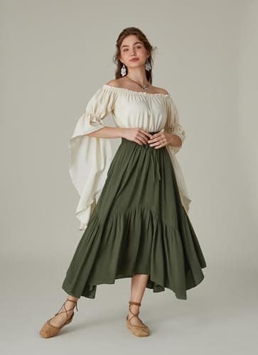 Maxi Skirts for Women Renaissance High Waist Skirt Asymmetrical Skirt with Pockets Army Green XL - Image 4