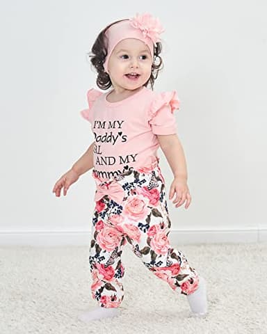SUNNY PIGGY Newborn Baby Girl Clothes Ruffle Short Sleeve Romper Clothes Baby Girls’ Clothing Floral Cotton Pant Sets 0-3 Months Girl Outfits Pink - Image 2