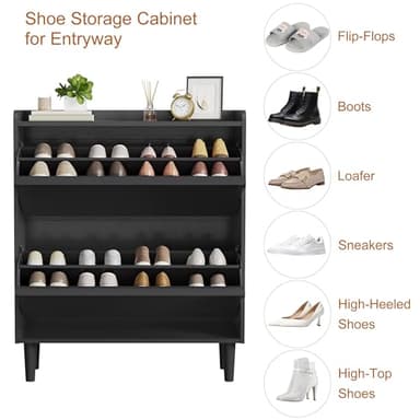 GarveeHome Shoe Cabinet with 2 Flip Drawers, Wooden Shoe Organizer Cabinet with Adjustable Shelf, Shoe Storage for Entryway, Hidden Shoe Cabinet for Hallway, Living Room, Black - Image 7