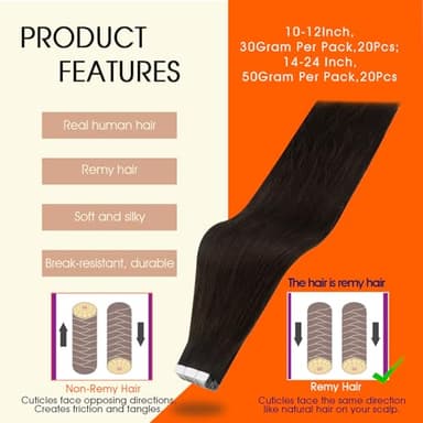 Full Shine Tape in Hair Extensions Human Hair Darkest Brown 24 Inch Seamless Tape in Extensions Brazilian Remy Hair Skin Weft Hair 20 Pieces 50 Grams Color 2 Glue Human Hair Extensions for Wedding - Image 2