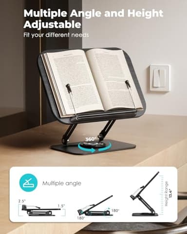 Viozon Book Stand for Reading,Book Holder, Height&Angle Adjustable, 360° Rotating Base, Foldable and Portable, Lightweight for Office, Kitchen, School Textbook, Recipe, Magazine,Kindle,Table B - Image 3