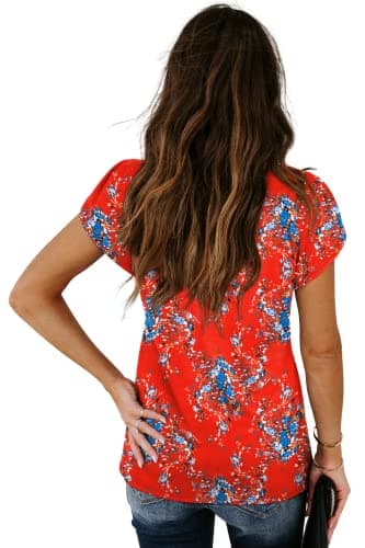 WIHOLL Beach Vacation Clothes for Women Floral Print Tops for Women Vintage Summer Blouse Casual Red S - Image 4