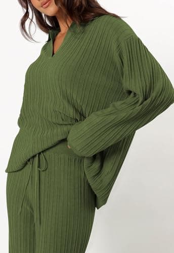 Cakulo Womens 2024 Lounge Sets 2 Piece Outfits Knit Sweater Matching Set Ribbed Wide Leg Loungewear Sweatsuits Army Green S - Image 4