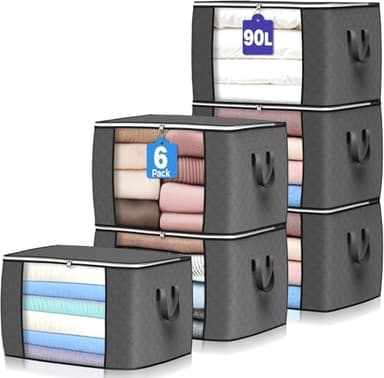90 L Large Storage Bags, 6 Pack Clothes Storage Bins Foldable Closet Organizers Storage Containers with Reinforced Handle for Clothing, Blanket, Comforters, Bed Sheets, Pillows and Toys (Gray - Image 3