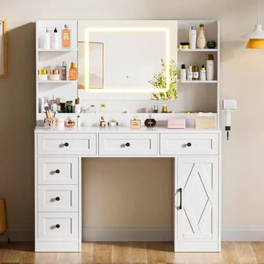 COMHOMA Makeup Vanity Desk with Mirror and Lights, Large Vanity Table with 6 Drawers & 1 Storage Cabinet, White Bedroom Dresser Table for Girls, 3 Color Modes Adjustable Mirror, White - Image 5