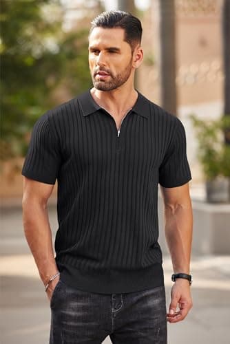 COOFANDY Men's Zipper Polo Shirts Short Sleeve Ribbed Knit Polo T Shirts Fashion Casual Golf Shirts Black - Image 2