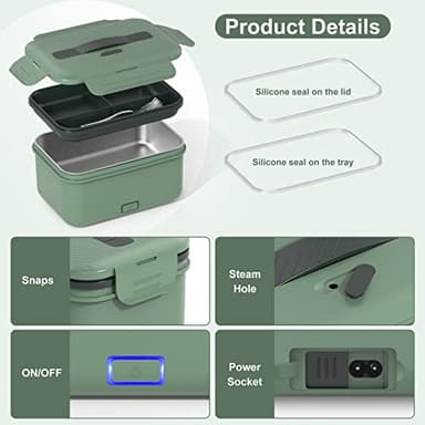 Vabaso Electric Heated Lunch Box for Adults, 100W Portable Food Warmer for Car/Truck Home/Work, Heating Lunchbox with 1.8L/61oz Stainless Steel Container, 12V/24V/110V - Image 7