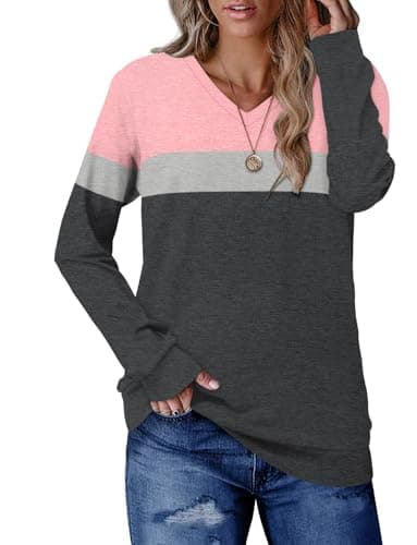 CRAZY GRID Womens Long Sleeve Tops Casual Fashion V Neck Sweatshirt Ladies Soft Loose Fit Color Block Fall Shirts Lightweight Plus Size Oversized 3XL Pink Gray - Image 2