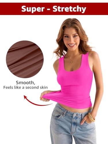 EasyGala Womens Double Lined Scoop Neck Tank Tops Basic Slim Fit Sleeveless Shirts Y2K Summer Going Out Outfits Hot Pink Medium - Image 2