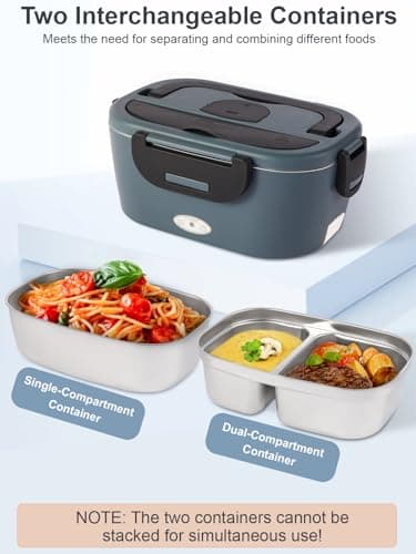 SOHIDA Heated Lunch Box, 80W Electric Lunch Box with Two 1.5L Stainless Steel Interchangeable Containers and Lids, 12V/24V/110V Food Warmer with Utensils and Insulated Bag for Car/Truck/Office (Black) - Image 3