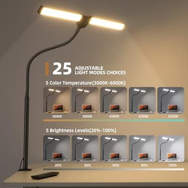 Led Desk Lamp for Home Office, Eye-Care Architect Light with Clamp, Smart Double Head Computer Monitor Table Clip Lamp, Adjustable Flexible Gooseneck, 25 Lighting Models, Task Lamp, Black - Image 3