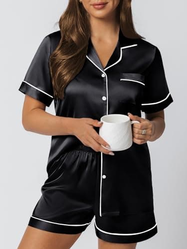 LILLUSORY Silk Satin Pajama Set for Women 2 Piece Lounge Pjs Shorts Matching Summer Sleepwear Button Down Shirt Shorts Black XXL - Image 5
