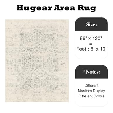 HUGEAR 8x10 Living Room Rugs Light Grey Machine Washable Area Rug Retro Floral Vintage Low Pile Carpet Lightweight Distressed Throw Large Rugs for Bedroom Office Dining Laundry Non Slip - Image 2
