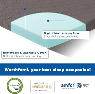 3 Inch Memory Foam Mattress Topper Full Size for Pressure Relief Bed Topper Pad with 8''-21'' Deep Pocket & Grey Removable Cover - Image 2