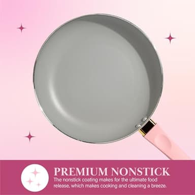 Paris Hilton Epic Nonstick Pots and Pans Set, Multi-layer Nonstick Coating, Tempered Glass Lids, Soft Touch, Stay Cool Handles, Made without PFOA, Dishwasher Safe Cookware Set, 12-Piece, Pink - Image 5